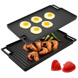NutriChef Cast Iron Reversible Grill Plate, 18” Flat Skillet Griddle Pan for Stove Top, Gas Range Grilling Pan with Silicone Oven Mitt, Compatible with Electric, Ceramic & Induction Cooktops, 18”x10”