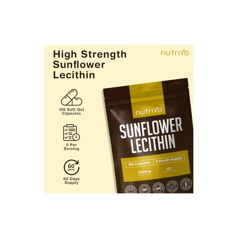 Nutrivo Sunflower Lecithin Capsules 2400mg |120 Softgels | 2 Month