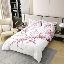 Cherry Blossom Cotton Duvet Cover Set(No Comforter),Japanese Style Pink Blooming Floral Bedding Set,Natural Garden Pink Red Flowers Aesthetic Quilt Cover Set,Ultra Soft Queen Size