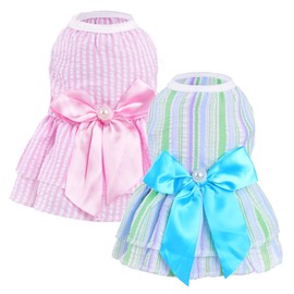 2 Pieces Dog Dresses Puppy Dogs Clothes Bowknot Cat Clothes Outfit Cat Dress for Small Dog Girl Pet Puppy (Pink Green, X-Small)