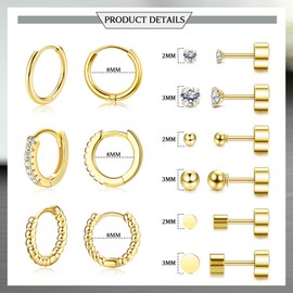 FASACCO Flat Back Stud Earrings Set Cartilage Earrings Gold Plated Surgical Steel Earrings Stud with 8MM Hoops Screw on Flatback Earrings Dainty Nap Earrings