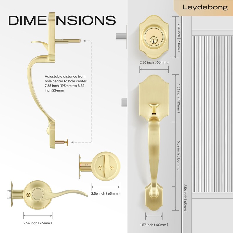 Leydebong Gold Front Door Handle and Deadbolt Set, Classic Front