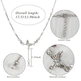 Buyongwant Butterfly Y-Shaped Chain for Women Irregular Y2k Necklace Pearl Pendant Tassel Fashionable Silver Jewelry