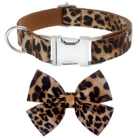 Dog Collar with Bow, Cotton & Webbing, Detachable Bowtie Dog Collar, Adjustable Dog Collars and Leash for Small Medium Large Dogs (Medium, Leopard Print)