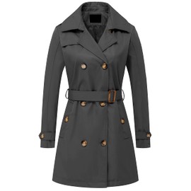 Chrisuno Womens Dress Coat Trench Coat Waterproof Belted Button Raincoat Grey S