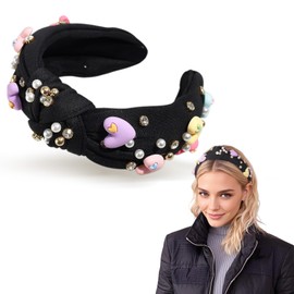 BYETOCE Valentine’s Day Pearl Headband for Women Crystal Jeweled Knotted Headband Love Heart Black Wide Top Knot Hair Accessories Fashion Headband for Women