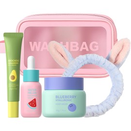 Set de Cuidado de la Piel Facial BeauBase con Sérum, Crema para Ojos y Hidratante, Kit de Skincare con Cosmetiquera y Banda para el Cabello, Regalo para Mujeres Kit de viaje