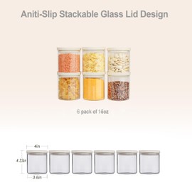 Glass Food Storage Jar with Glass Lid, Food Canister Set with Airtight Lids, Glass Pantry Jar for Kitchen Organization. Food Storage Containers in Pack of 6, 16oz.