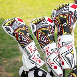 BAIRBRE Golf Head Covers,Poker Diamond King 3 Wood Headcover Golf Driver Cover Fariway Wood Headcover Hybrid Head Covers Blade Putter Cover Mallet Putter Haedcovers Golf Club Covers for Most Brand