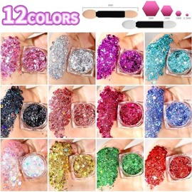 Gel de Purpurina para Cuerpo y Rostro, 12 Colores Brillo Lentejuelas Sirena, Maquillaje en Gel con Purpurina para Labios, Cabello, Ojos, Maquillaje...