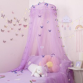 Temopow Purple petals Bed Canopy with Color Butterfly Light Mosquito Net Hanging Canopy Bed Fits Full Crib, Kids Beds, Twin, Queen, & King |Cute & Aesthetic Canopy Mosquito