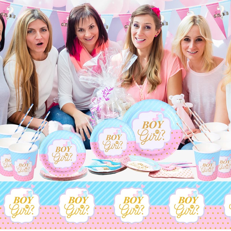 Baby Girls Boys Gender Reveal Party Tableware Set, 98 PCS