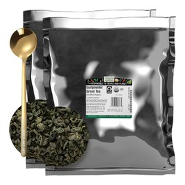 Gunpowder Green Tea Loose Leaf, 1 lb - Smokey Flavor & Full-Bodied Taste with Westlake Art Golden SS Spoon, Maintains Freshness, Kosher & Fair Trade, Golden, Bulk Packaging~ [Pack of 2]