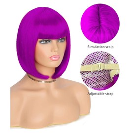 Party Wigs Wig Cap and Sunglass Set,Short Bob Hair Wigs Straight with Flat Bangs Synthetic Colorful Cosplay Daily Party Neon Wig for Women (Purple)