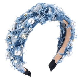 PLwelth Denim Headband Pearl Knotted Hairband for Women Girls Cute Sparkle Diamond Headband Non Slip Embellished Wide Top Knot Hairband for Thin Thick Long Curly Hair Accessories Party Decoration