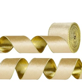 Velvet Fabric Ribbon for Christmas Tree Decoration, Gift Wrapping, Bow Making, Wreath DIY Crafting, 6.3cm x 10 Yards, Wired Edge, Gold Trim (Champagne Gold)