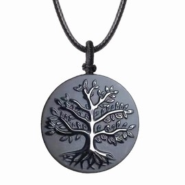 weryerker Black Obsidian/Golden Obsidian Tree of Life Natural Crystal Pendant Necklace with 22 inch Waterproof Black Rope for Men (Black obsidian)