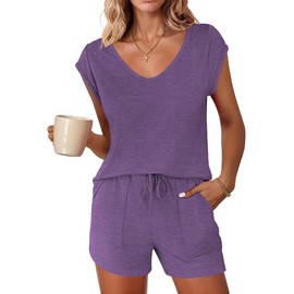 Ekouaer Pajama Sets for Women 2 Piece Lounge Sets Trendy Cap Sleeve Top and Shorts Cute Pjs Tracksuit Outfits Set,Purple,M
