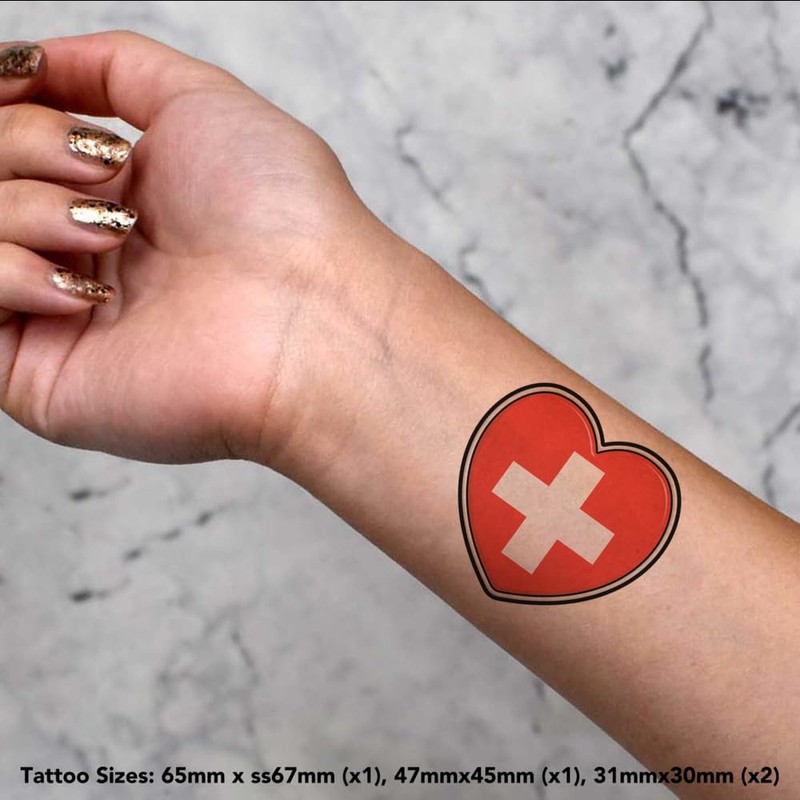 4 x 'Switzerland Flag Heart' Temporary Tattoos - Water Resistant,