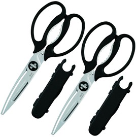 Multi-Purpose Kitchen Shears – Meat & Vegetable Cutter, Crab Cracker, Vegetable Peeler, Jar & Bottle Opener, Knife, Safety Cap, Dishwasher Safe (2 Pairs, Black)