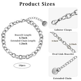 KYUNHOO 10 PCS Bracelet Chains for Jewelry Making 6.7 Inches Stainless Steel Oval Link Chain Bulk with Extender for Men Women DIY Bracelets Crafts