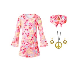 MOMMY'S NEW MAN 5 Pcs Toddler Girl's 60s 70s Hippie Costume Set Boho Dress Hippie Outfits Accessories Set (6T)