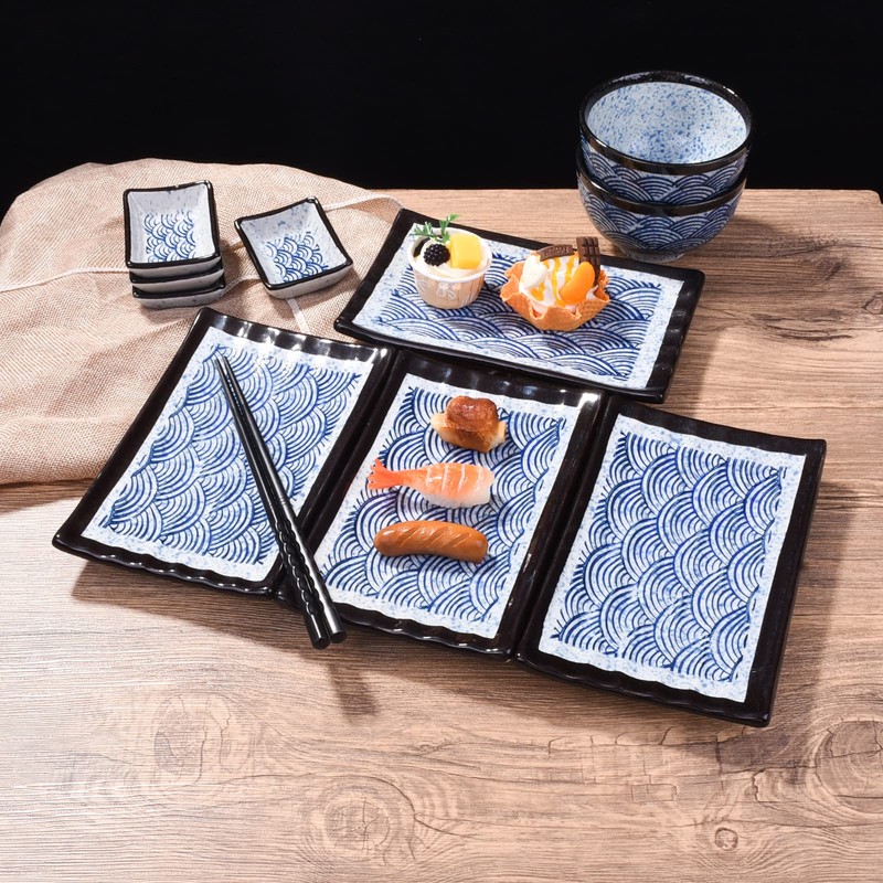 Cerficer Japanese 8 Inch Sushi Plates Blue Wave Cracker Tray