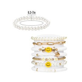 Abitoncc Preppy Heishi Surfer Bracelets Set for Teens, Preppy Colorful White Gold Clay Bead Stackable Stretch Bracelets Pack，Y2K Jewelry Lightning Bolt Heart Star Preppy Accessories (White A)