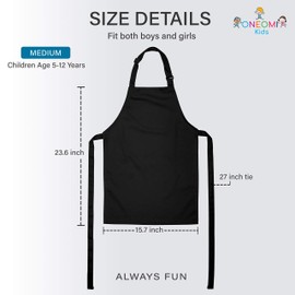 ONEOMI Kids Apron, Medium, 100% Cotton With An Adjustable Strap to fit All Ages, Ideal for Cooking, Baking, Painting, Decorating, Party, Chef, Art and Classroom Children Apron (2, Black)