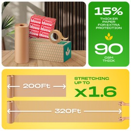 eco4plan Honeycomb Packing Paper | Extra Thick 90 GSM Packing Wrap | Biodegradable Packing Materials: 12” x 200’ Moving Paper + 195’ Cellulose Adhesive Tape + 30 Fragile Stickers | Paper Bubble Wrap