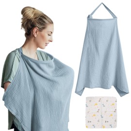 VEGCOO Baby Nursing Blanket Nursing Apron and Saliva Cloth Nursing Scarf Mummy Soft Cotton Breathable Adjustable (Blue)