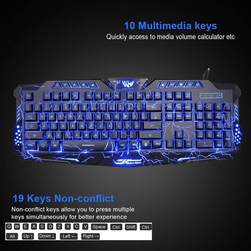 BlueFinger Backlit Gaming Keyboard and Mouse and LED Headset Combo,USB
