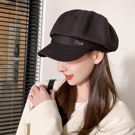 Weuiean BLDW-781 Women's Cotton Blended Cap with Brim UV Protection, Cold Protection, Small Face Effect, Cute, Stylish, Spring, Summer, Autumn, Winter,, Black