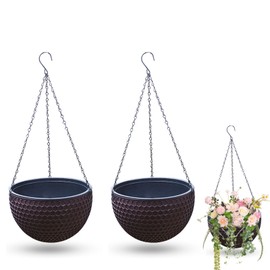 Hanging Flower Pots, Pack of 2 Outdoor Hanging Baskets, Planting Basket, Hanging Basket with Rustproof, with Drainage Holes and Plugs, for Indoor, Outdoor, Ceilings, Balconies, Wall Decoration, Brown