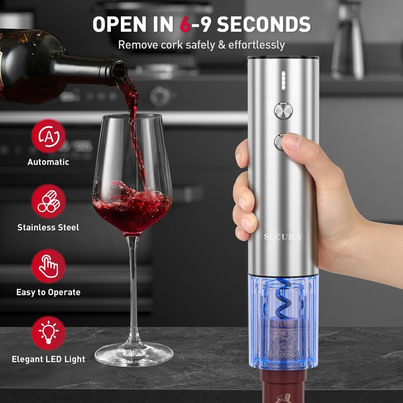 Secura Stainless Steel Electric Wine Opener, Rechargeable Automatic Home Wine