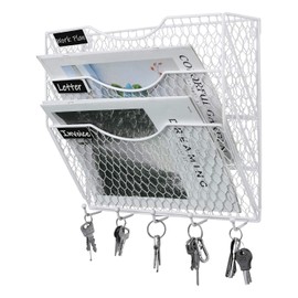 PAG Wall File Holder Hanging Mail Organizer Metal Chicken Wire Wall Mount Magazine Rack with 5 Hooks, 3-Tier, White