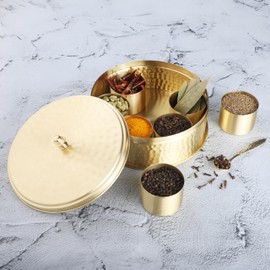 Ajuny Brass Round Golden Spice Box Masala Dabba Hammered Design with 7 Containers Double Lid & 1 Designer Spoon for Home Kitchen Spice Box Organizer 8x3 Inch