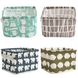 4 Pack Storage Baskets, Collapsible Mini Storage Boxes, Canvas Square Baskets Fabric Storage Bins, Waterproof Cotton and Linen for Desk Storage & Household Organizer Toys Bathroom Closets Playroom- D