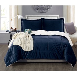 Elegant Comfort Super Soft Sherpa Comforter 3-Piece Set Premium Quality, Heavy Weight Reversible Down Alternative Micro-Suede, Sherpa Comforter, Full, Midnight Navy