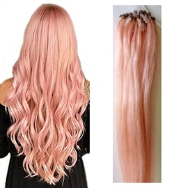 XUANHEFA Human Hair Ring Loop Hair Tip Extensions Remy Hair Color Wig Extensions 50pcs (pink#, 16inch 40cm)