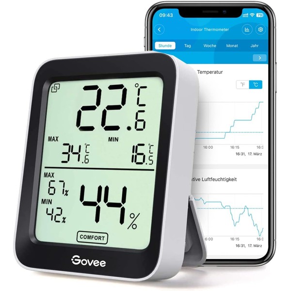 Govee 温湿度計 温度計 湿度計 Bluetooth デジタル スマホで温度湿度管理 温度 湿度 高精度 コンパクト 大画面 グラフ記録 アラーム 異常通知 最高最低温湿度 乾燥対策 加湿対策 温室 地下室 室内 置掛兼用