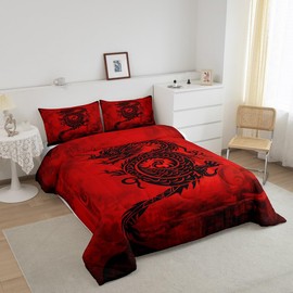 Castle Fairy Dragon Comforter Set Exotic Chinese Style Comforter Set with 1 Pillowcase Black Graffiti Red Decorative Duvet Set for Adults Kids Boys Girls Room Decor,Twin Size