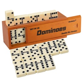 Dominos Set for Adults, Jumbo Size Double 6 Dominoes Set, Classic Board Game for Adults and Elderly, Double Six Thick Size Domino with Spinner 28 Tiles in Exclusive Brown Wooden Box.