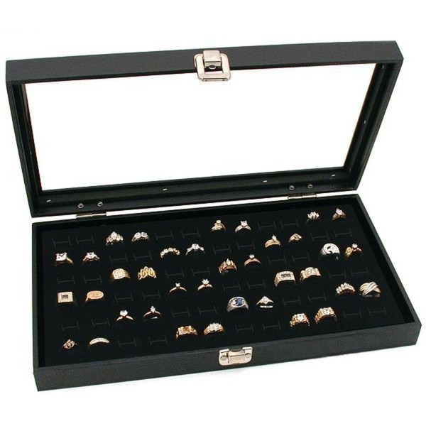 FindingKing Glass Top Black Jewelry Display Case 2 72 Slot Ring Trays