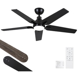 putroad 52 Inch Ceiling Fans with Lights: Black 5 Blades Ceiling Fan with Light and Remote for Bedroom Living Room Dining Room Patio, LED Dimmable 6 Speeds Reversible Quiet DC Motor