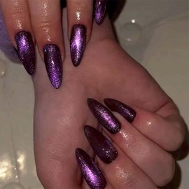 IMRAIN Purple Press On Nails - Medium Almond Cat Eye Glossy Glue On Nails - Full Cover Bling - 24 Pcs