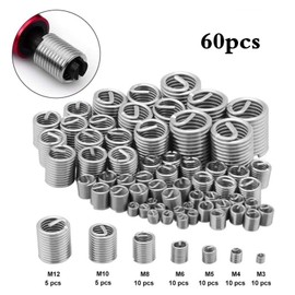 Helicoil Set, 60 Pieces Stainless Steel Helicoil, Wire Thread Repair Sleeves Assortment, M3/M4/M5/M6/M8/M10/M12 Thread Silver Insert Sleeves