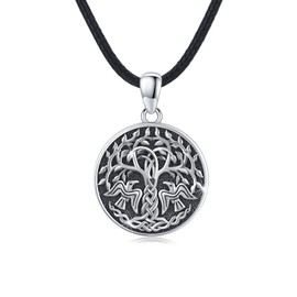 Tree of Life Necklace Men's 925 Sterling Silver Tree of Life Crow Wolf Pendant Celtic Knot Round Amulet Viking Jewellery Gifts for Women Men, Sterling Silver, No Gemstone