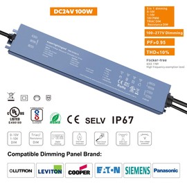 DC24V 100W 0/1-10V and TRIAC UL-Listed Dimmable Waterproof IP67 Thinner LED Transformer Power Supply for Outdoor 24V DMX512 LED Lights (24V 100W 0-10V+Triac)