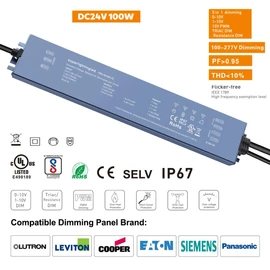 DC24V 100W 0/1-10V and TRIAC UL-Listed Dimmable Waterproof IP67 Thinner LED Transformer Power Supply for Outdoor 24V DMX512 LED Lights (24V 100W 0-10V+Triac)